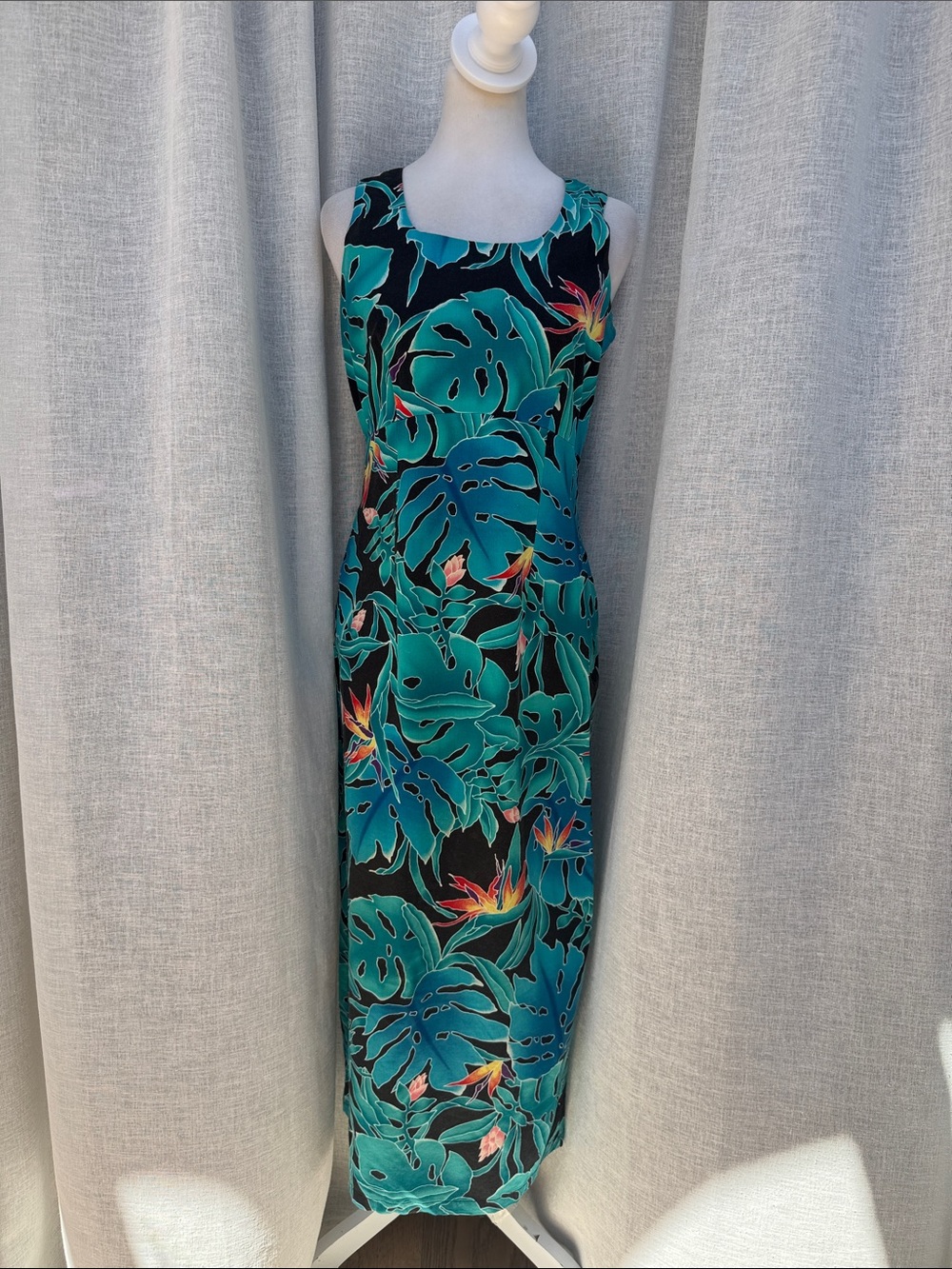 Hilo Hattie Hawaiian original summer maxi dress turquoise monstera tropical bird